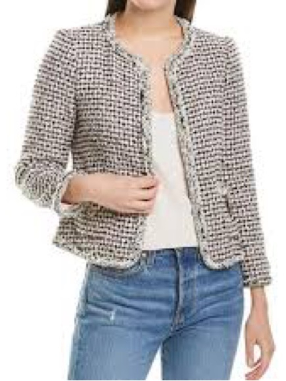 Rebecca Taylor Houndstooth Tweed Jacket Women 8 Pink Black Excellent Frayed Trim
